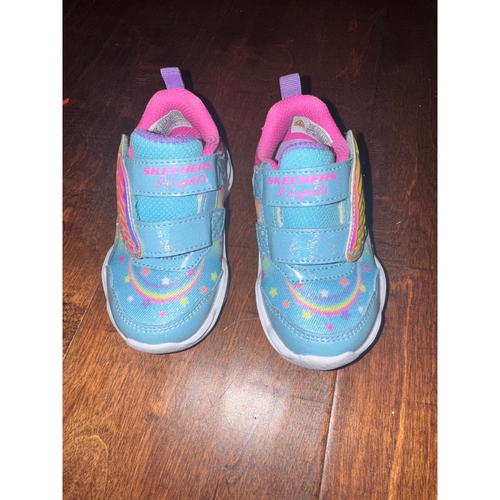 Skechers S-Lights Flutter Heart Lights Winged Rainbow Sneakers Blue Pink 5T